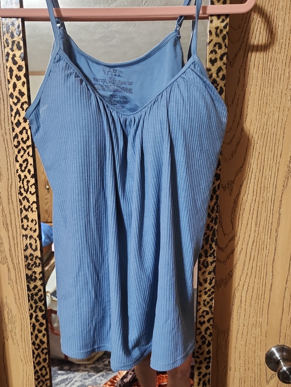 Blue Ribbed Spaghetti Strap Women's Tank Top W Built In Bra